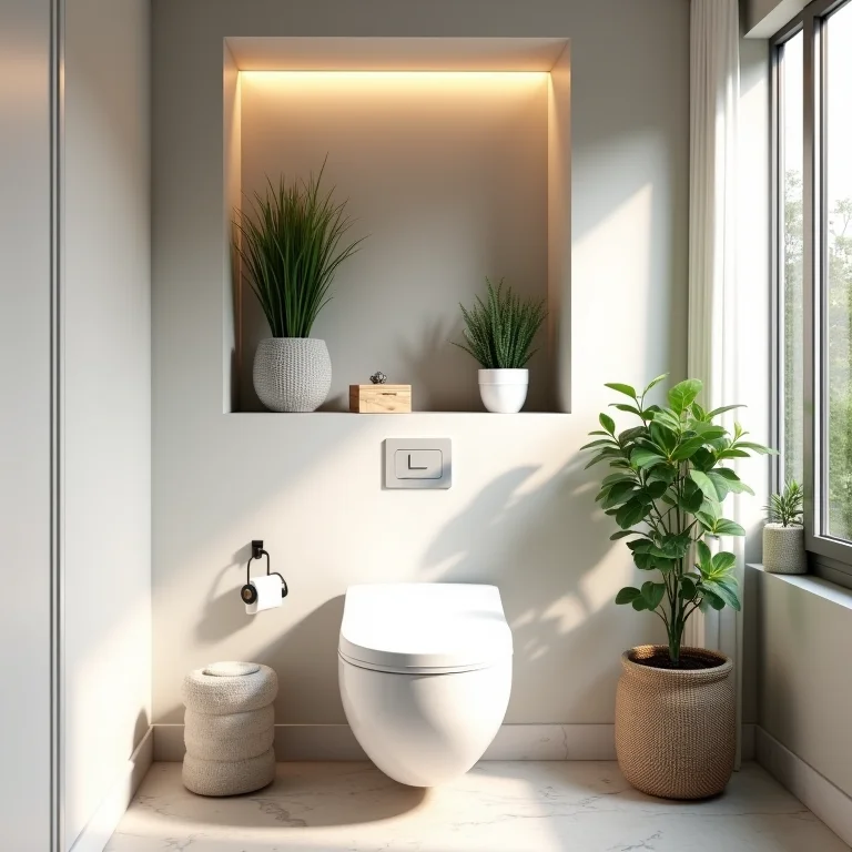 Nicho decorativo com plantas e objetos acima do vaso sanitário