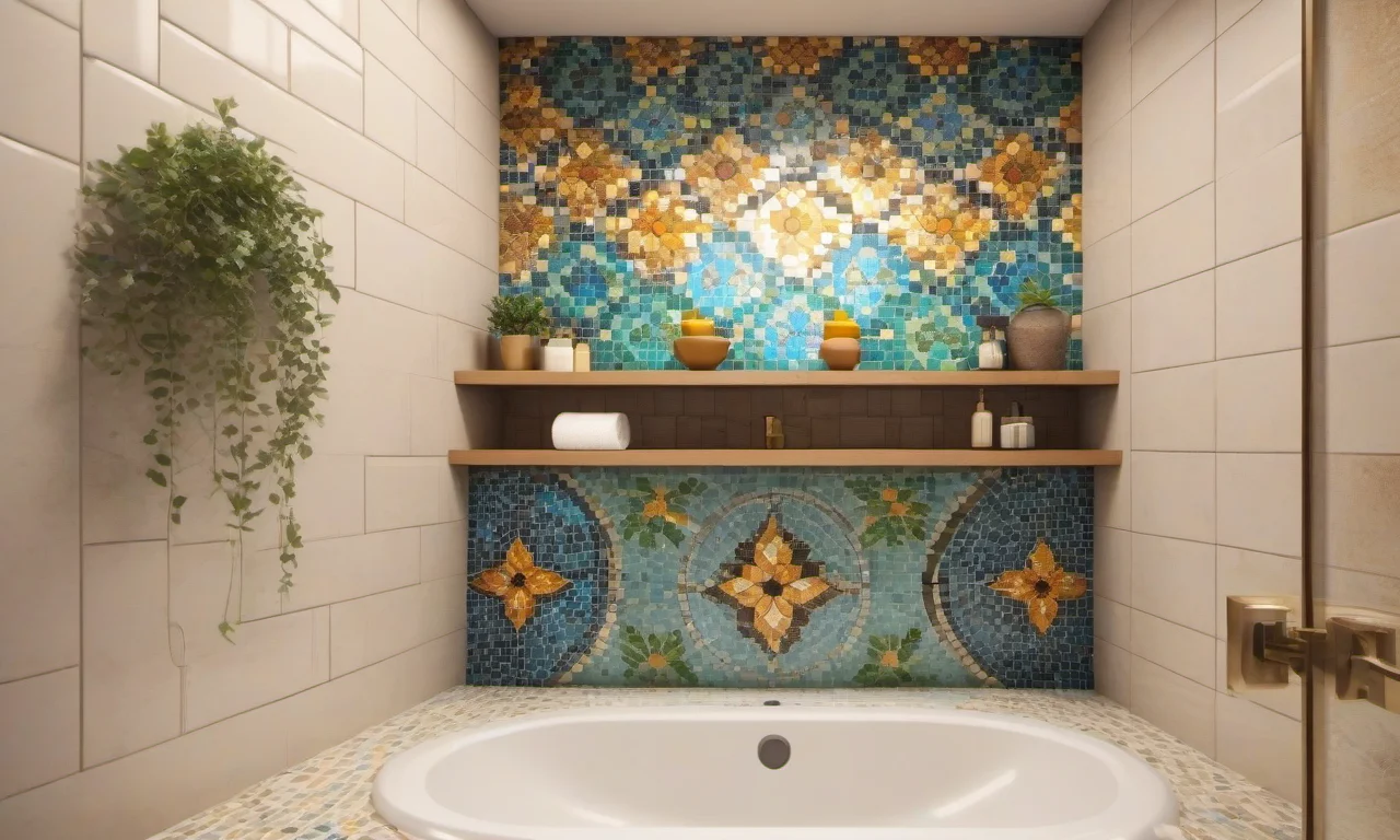 Nicho decorativo em banheiro com pastilhas de vidro coloridas.