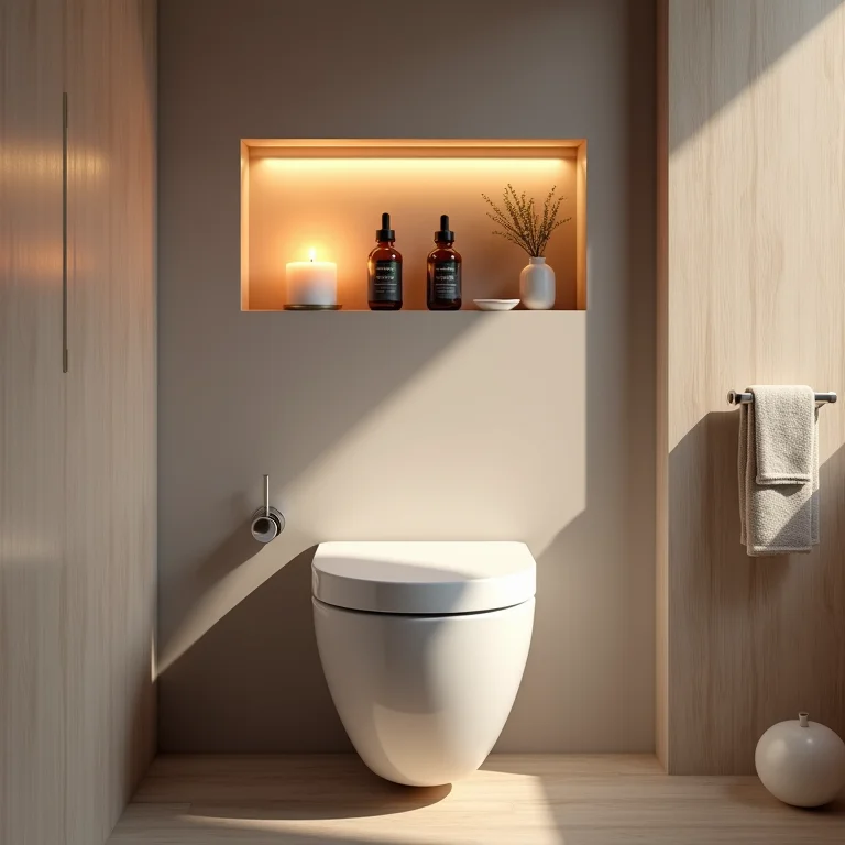 Nicho embutido acima do vaso sanitário com velas e óleos essenciais.