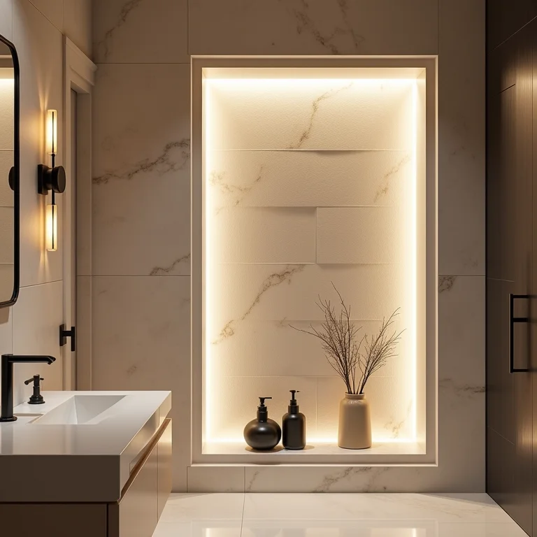 Nicho iluminado em banheiro com detalhes texturizados