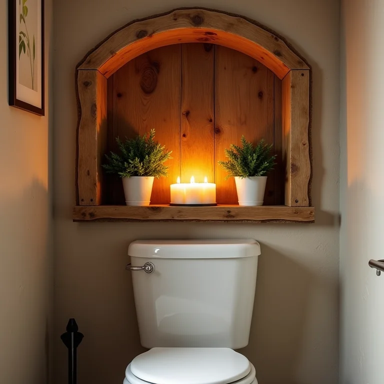 Nicho rústico de madeira acima do vaso sanitário com plantas e velas