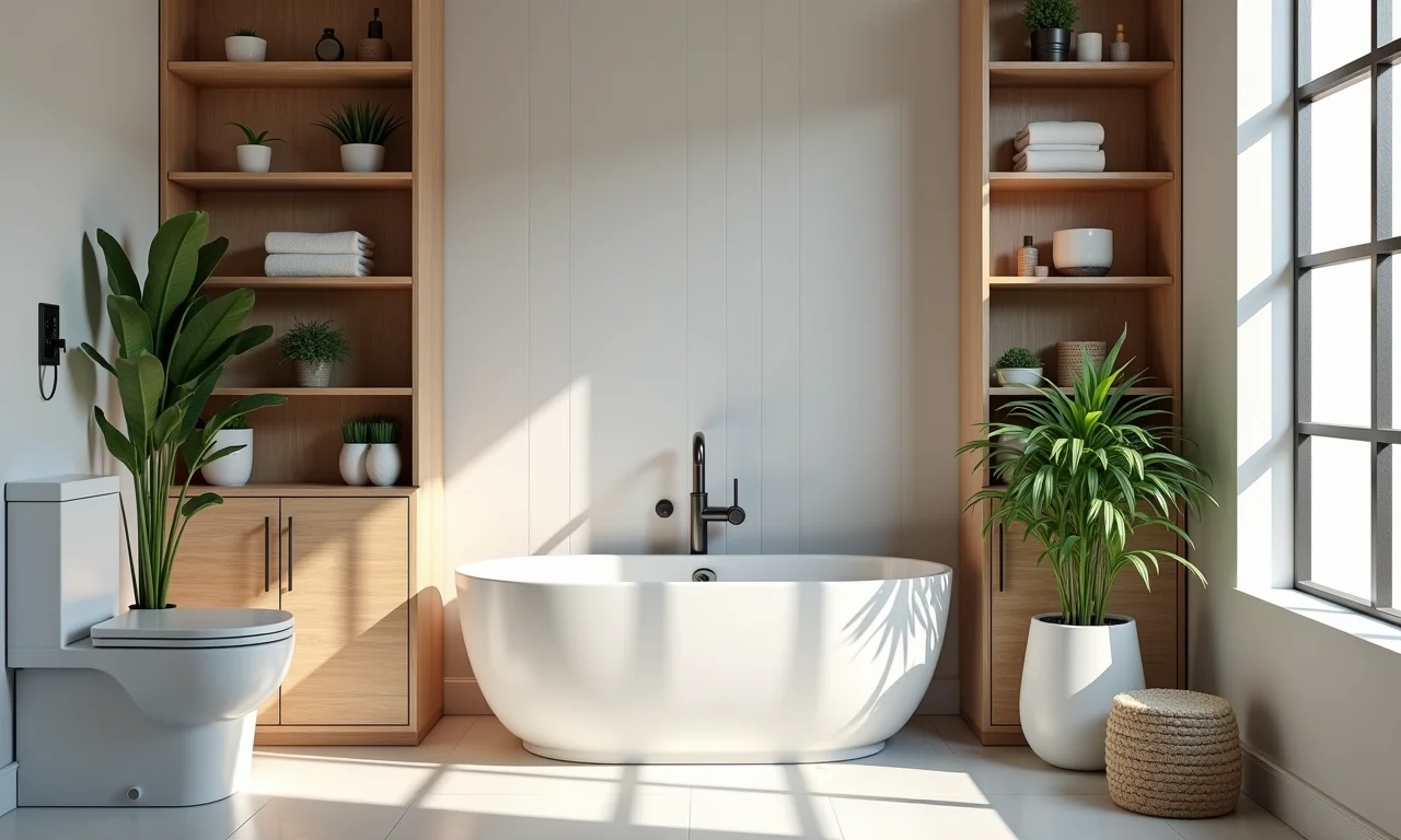 Nichos de madeira para organização em banheiro pequeno.