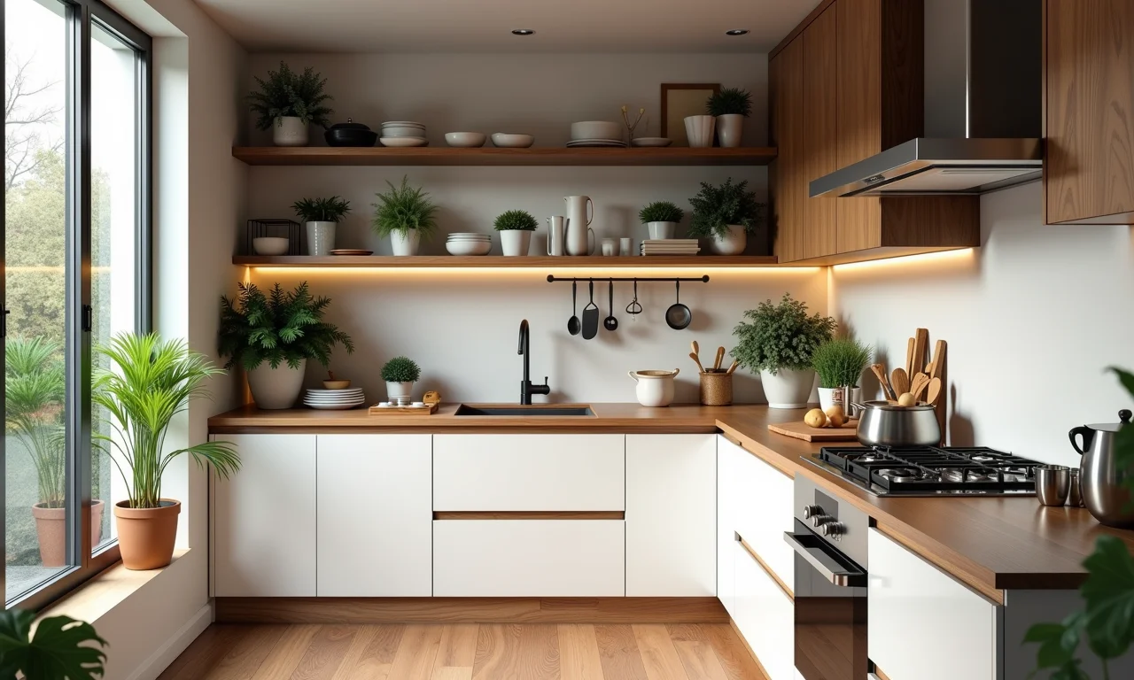 Nichos e prateleiras em cozinha corredor, combinando charme e funcionalidade.