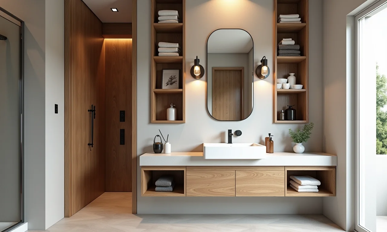 Nichos e prateleiras embutidas para organização em banheiro pequeno.