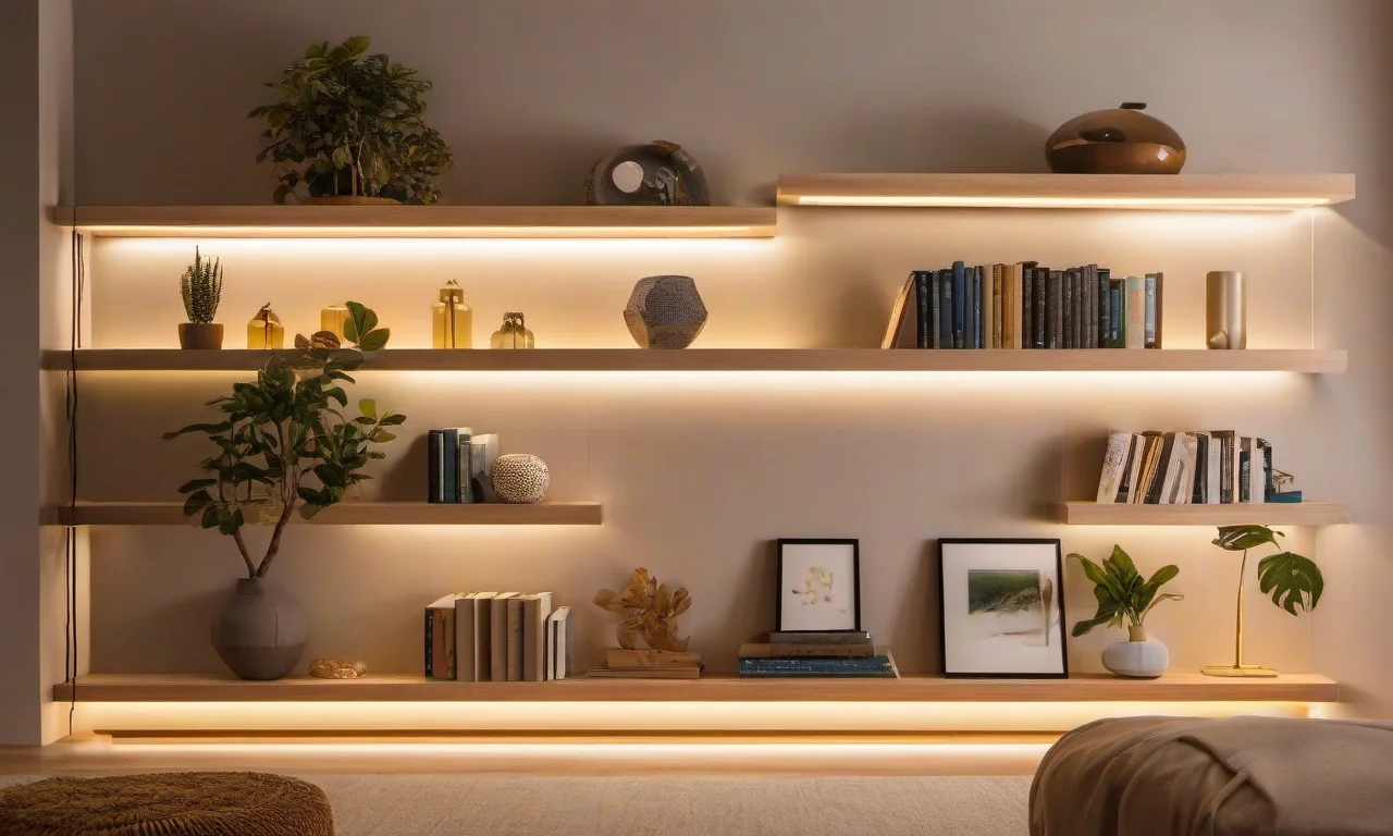 Nichos e prateleiras iluminadas com fitas de LED.