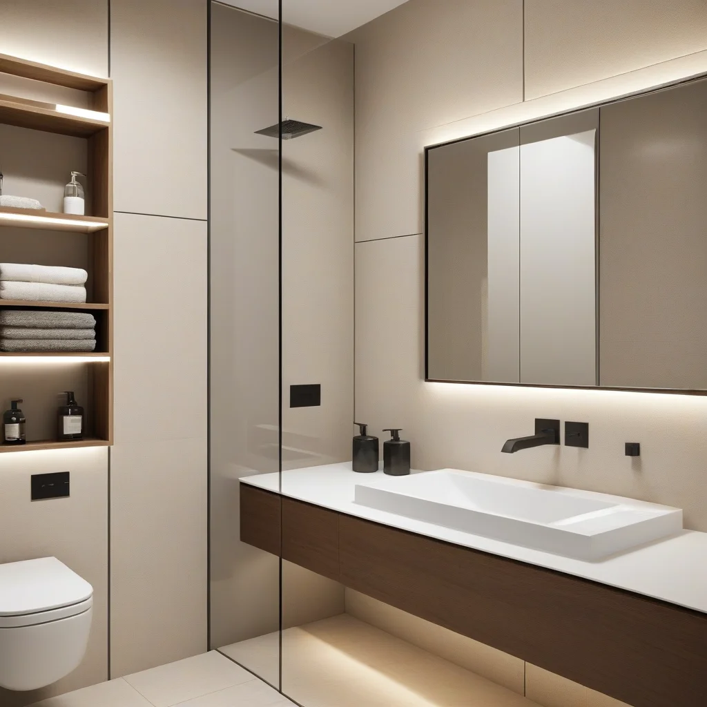 Nichos e prateleiras otimizando o espaço vertical em um lavabo.