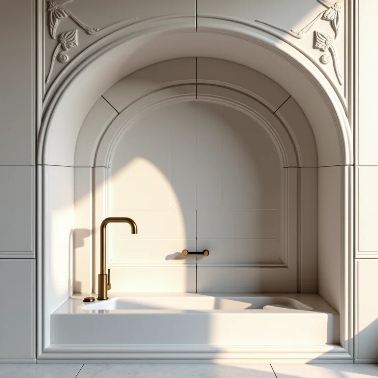 Nichos esculpidos no revestimento existente de um banheiro