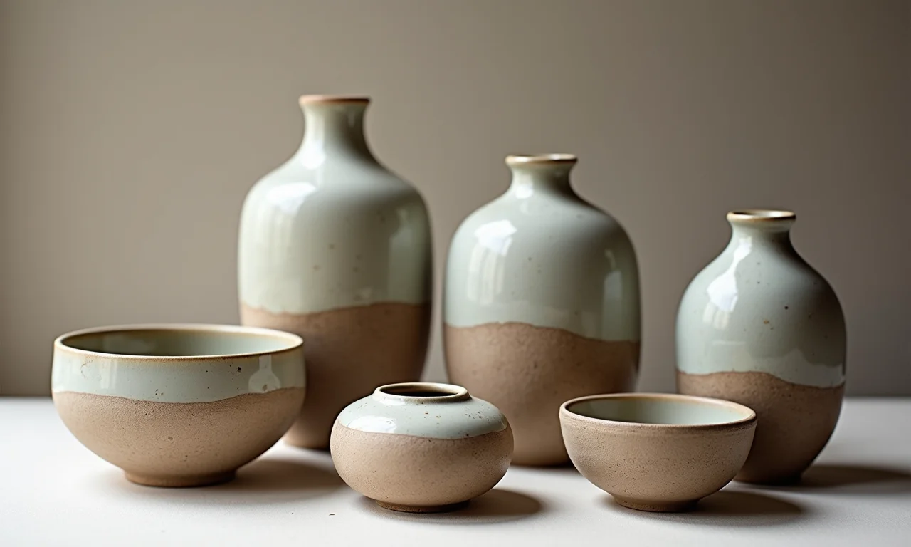 Objetos de cerâmica artesanal com formas imperfeitas e texturas rústicas.