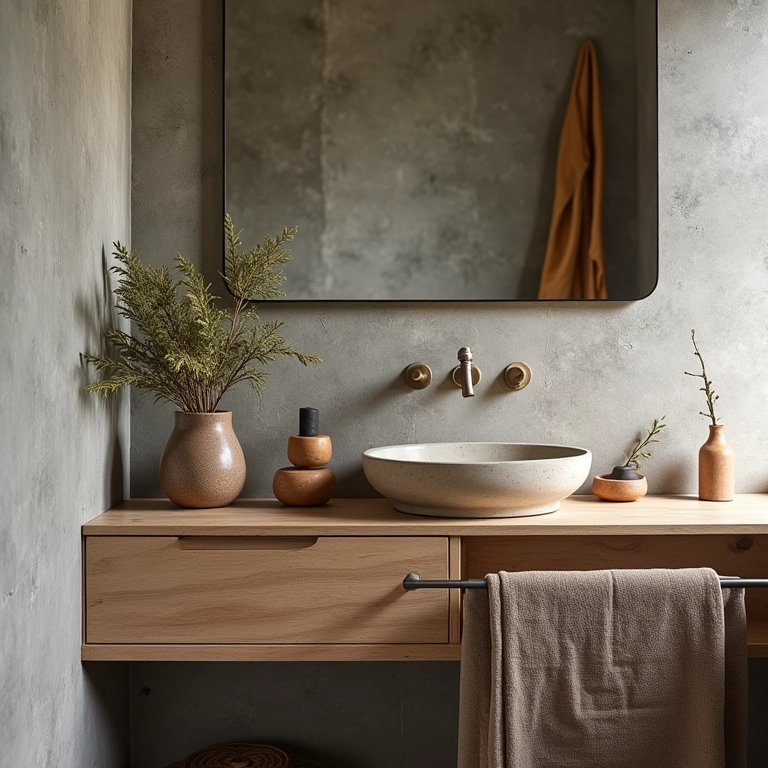 Objetos decorativos artesanais em banheiro rústico.