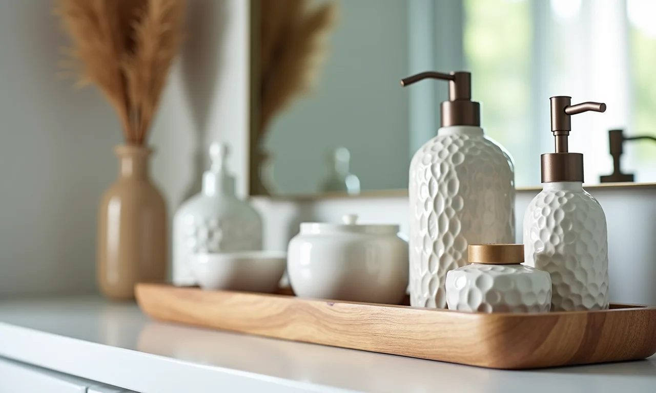 Objetos decorativos refletindo a personalidade em prateleira de banheiro.