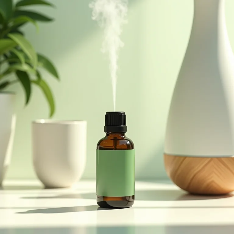 Óleo essencial de melaleuca e difusor em um banheiro bem iluminado.