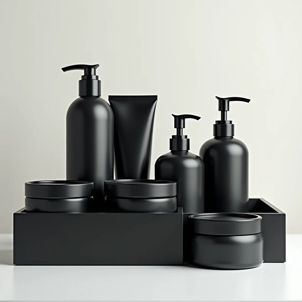 Organização de objetos pessoais em embalagens pretas minimalistas.