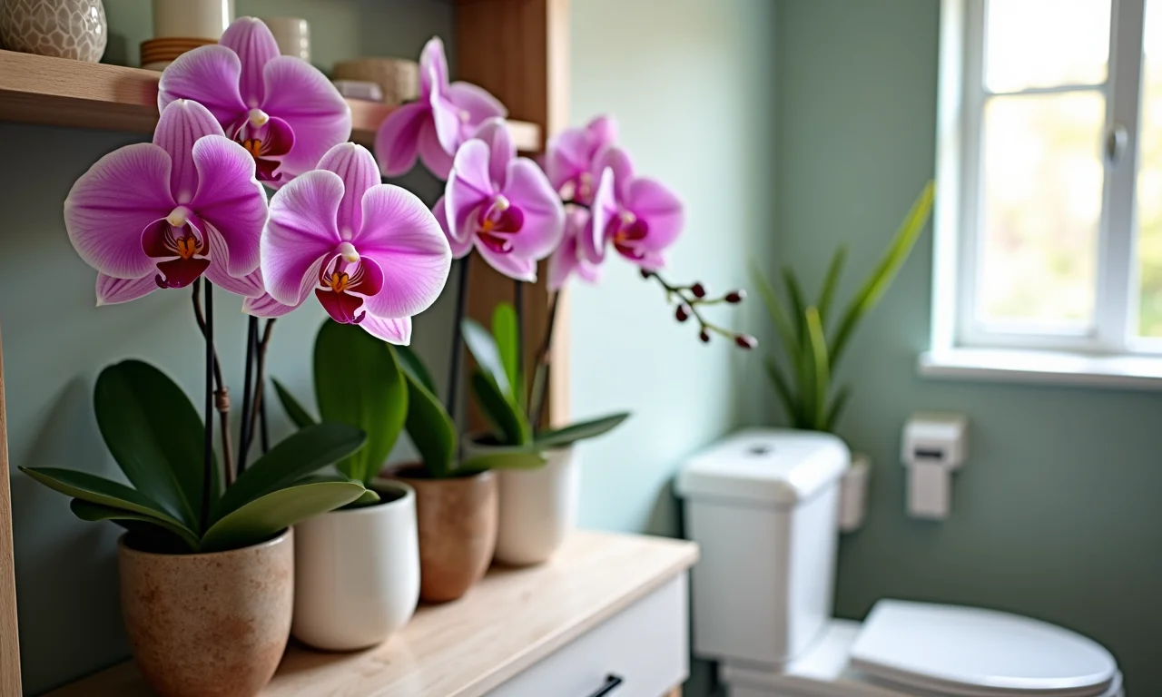 Orquídeas elegantes decorando uma prateleira de banheiro.