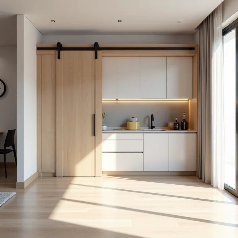 Otimização de espaço em cozinha pequena com porta de correr.