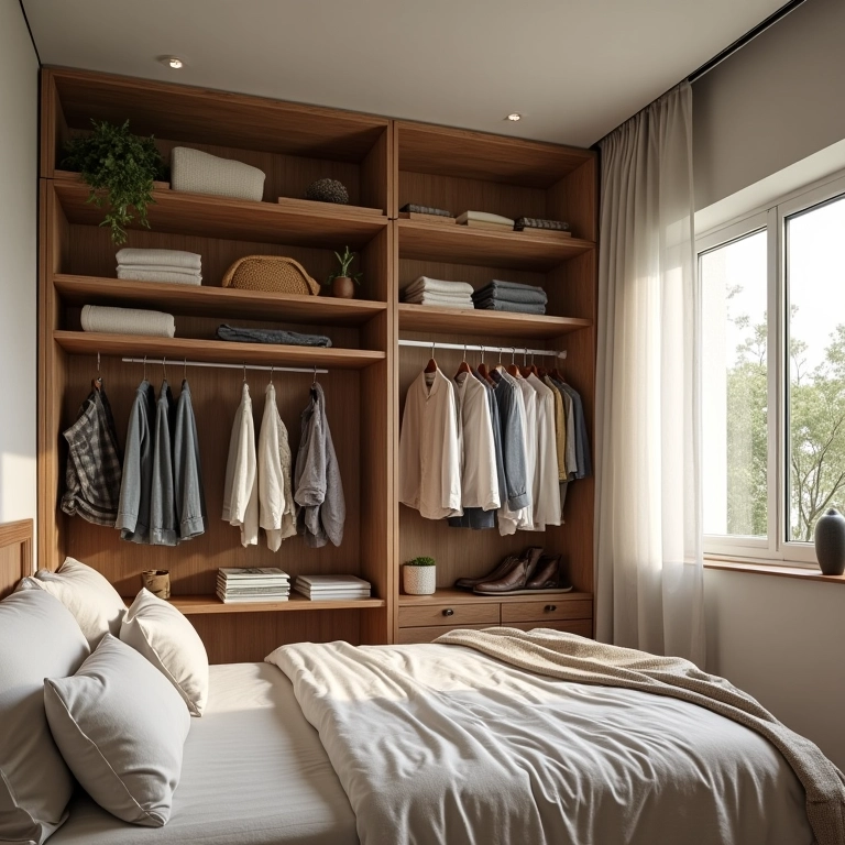 Otimização de espaço em um quarto pequeno com arara de roupas.