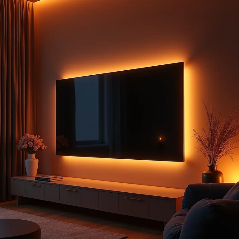 Painel de TV com iluminação, criando um ambiente aconchegante.