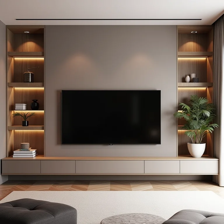 Painel de TV com nichos, oferecendo praticidade e armazenamento.