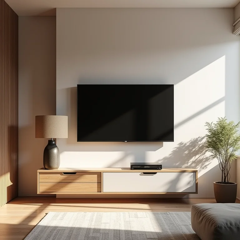 Painel de TV compacto otimizando espaço em sala pequena.