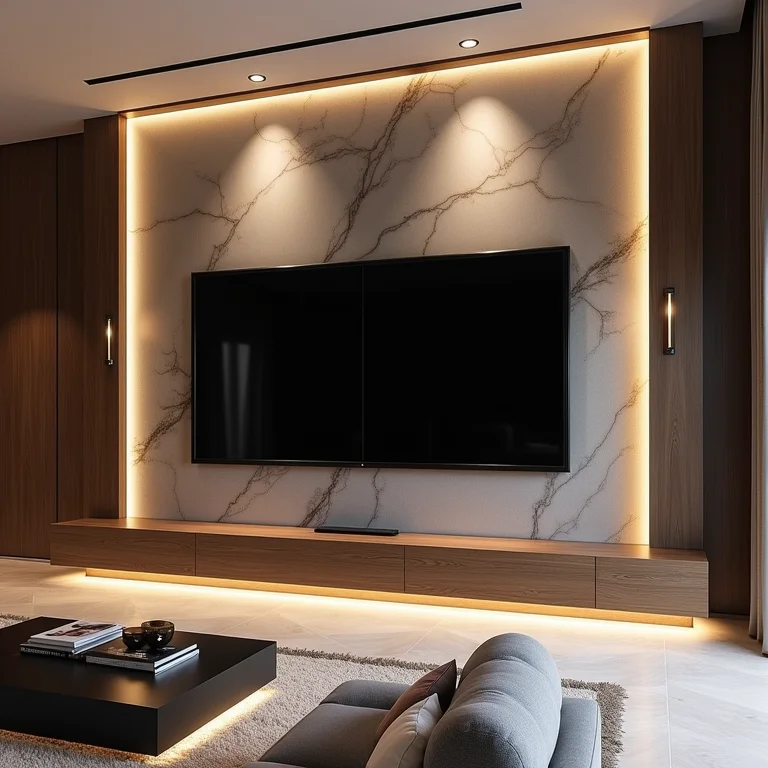 Painel de TV imponente em sala grande, transmitindo elegância.