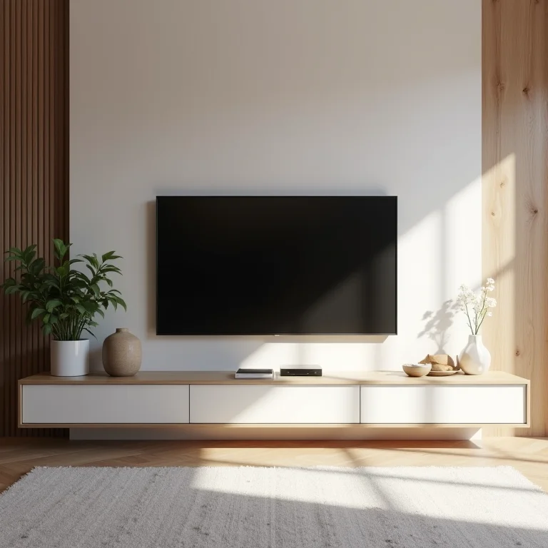 Painel de TV minimalista que organiza uma sala de estar.