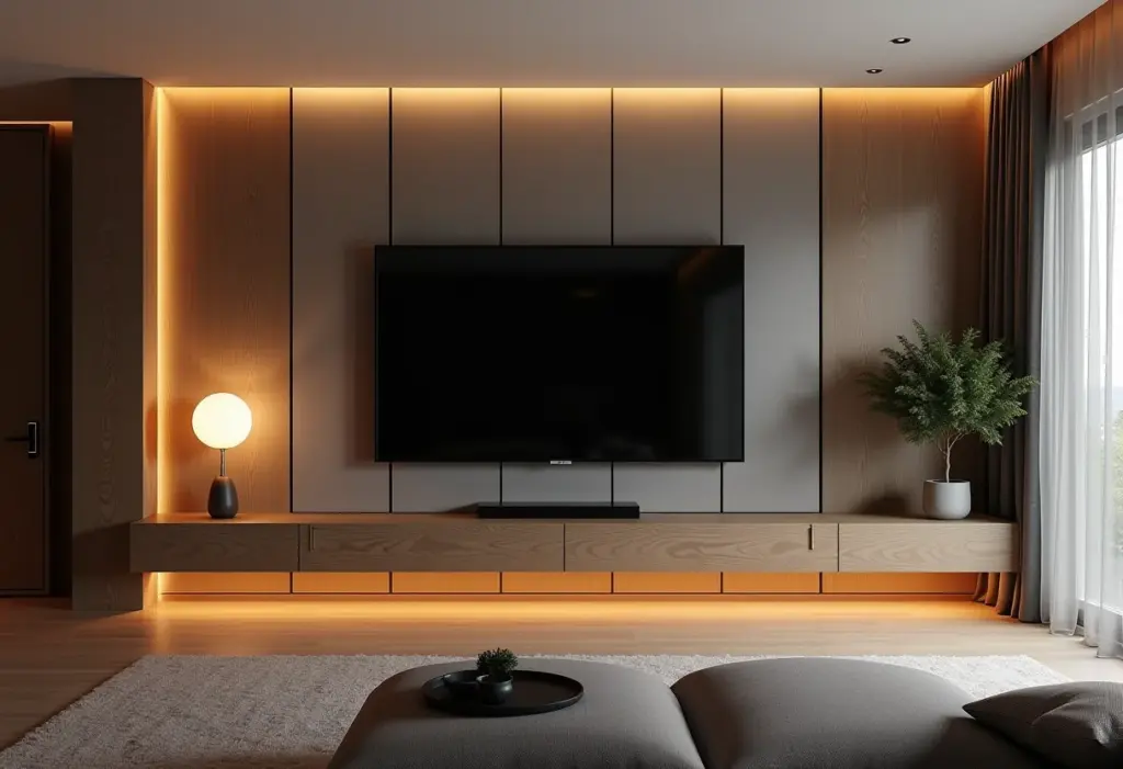 Painel de TV moderno escondendo fios em sala de estar