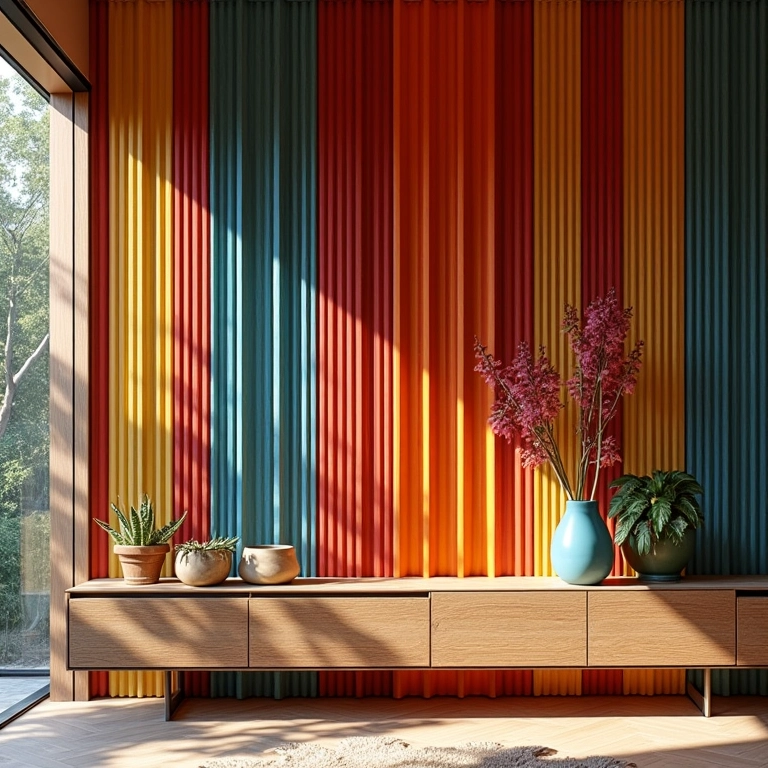Painel ripado colorido em sala de estar vibrante.