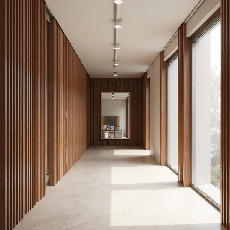 Painel ripado com espelho em corredor moderno.