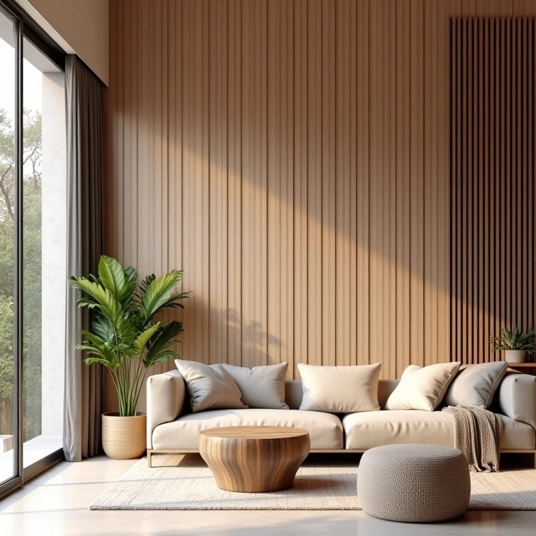 Painel ripado de madeira clara em sala de estar moderna, com iluminação natural.