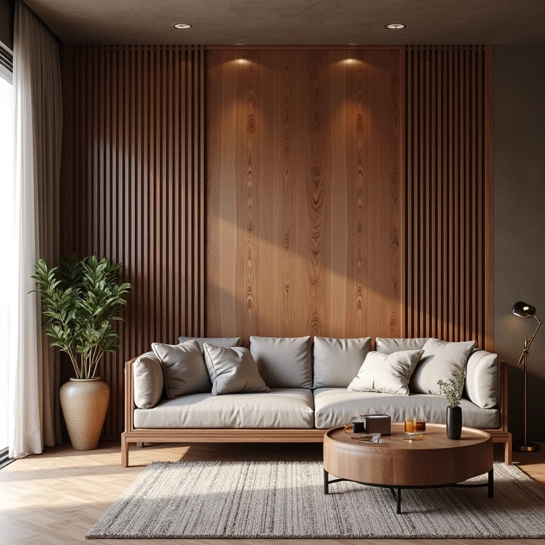 Painel ripado de madeira maciça em sala de estar elegante.