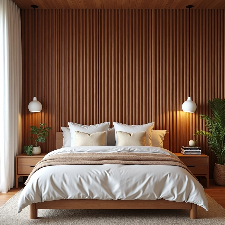 Painel ripado de MDF atrás da cama em quarto aconchegante.