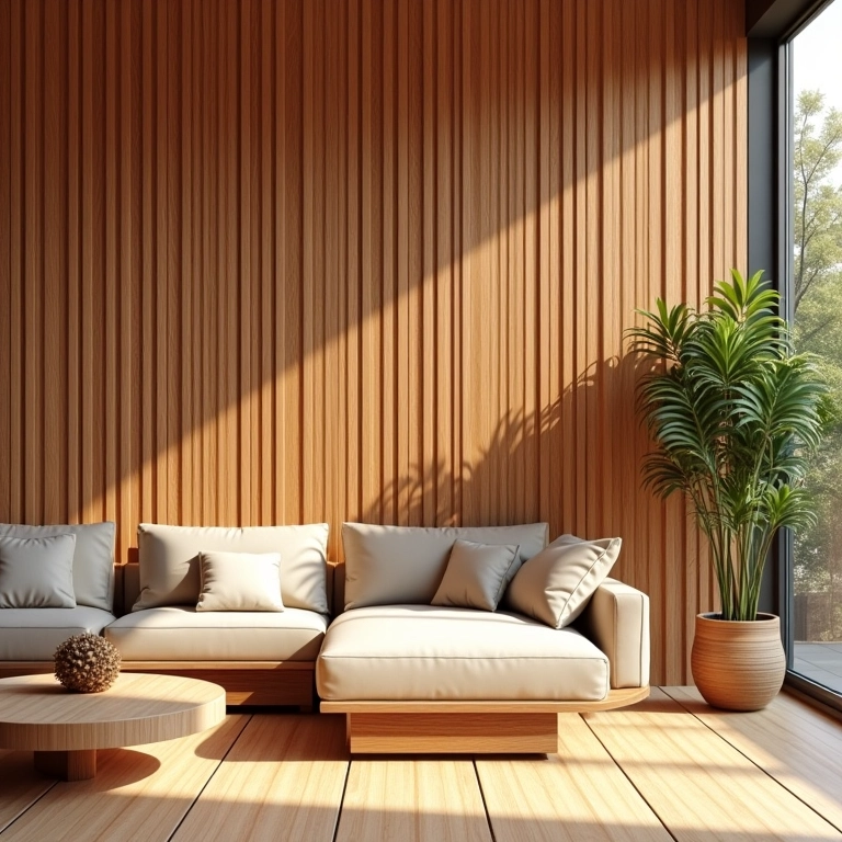 Painel ripado de pinus em sala de estar iluminada.