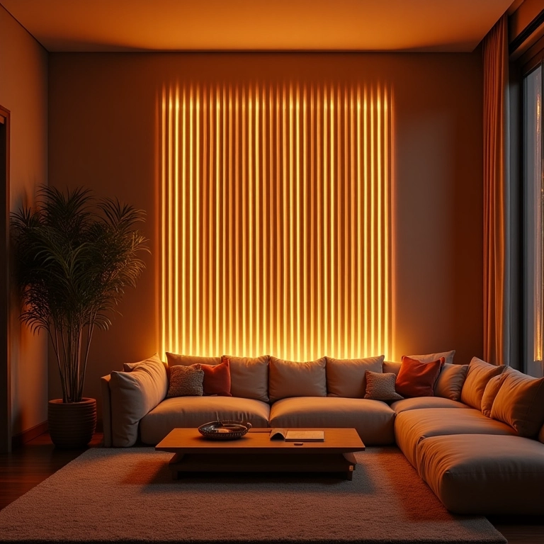 Painel ripado iluminado em sala de estar.