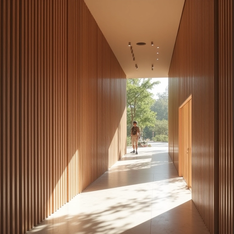 Painel ripado vertical em corredor.