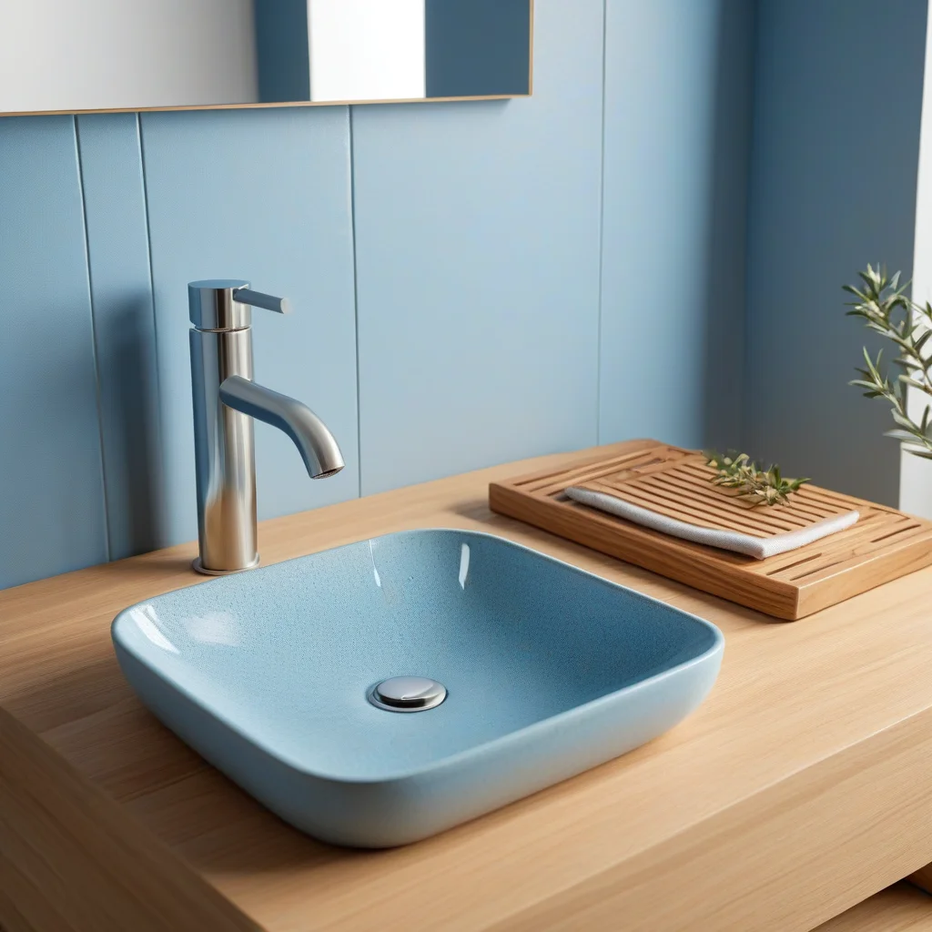 Paleta de cores suaves em um lavabo com toques de madeira natural.