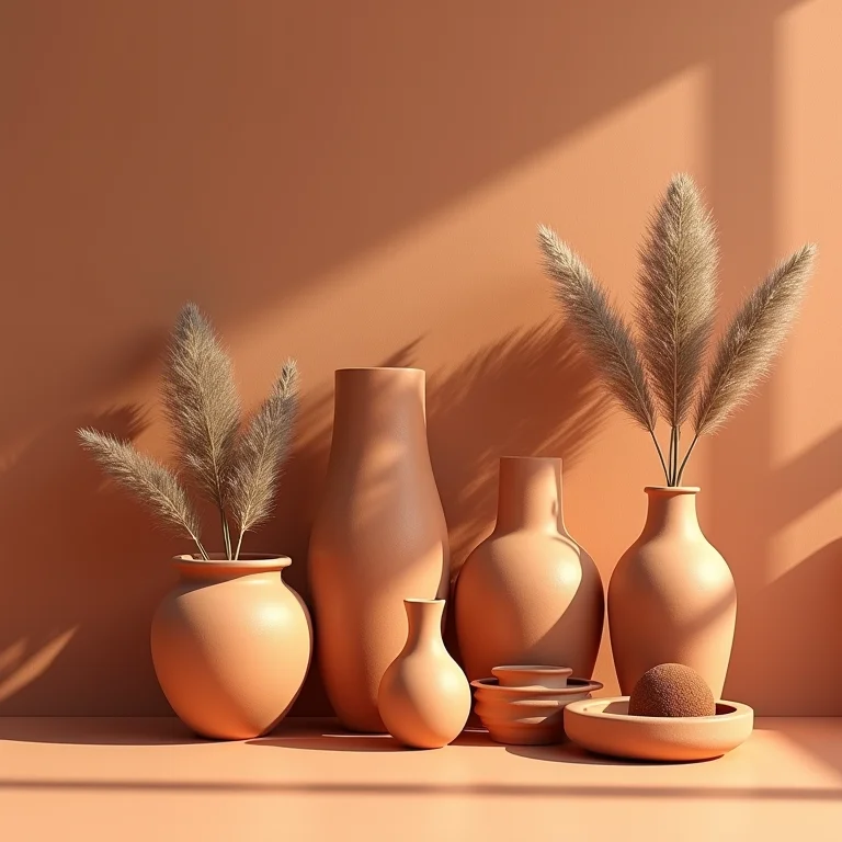 Paleta de cores terrosas em decoração com vasos de argila e materiais naturais.