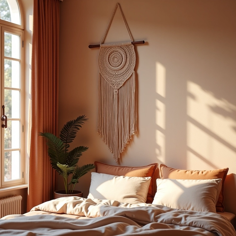 Paleta de cores terrosas em quarto boho.