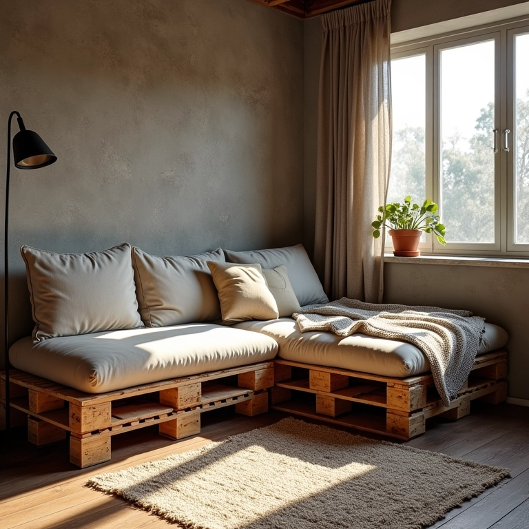 Paletes de madeira como sofás e camas.