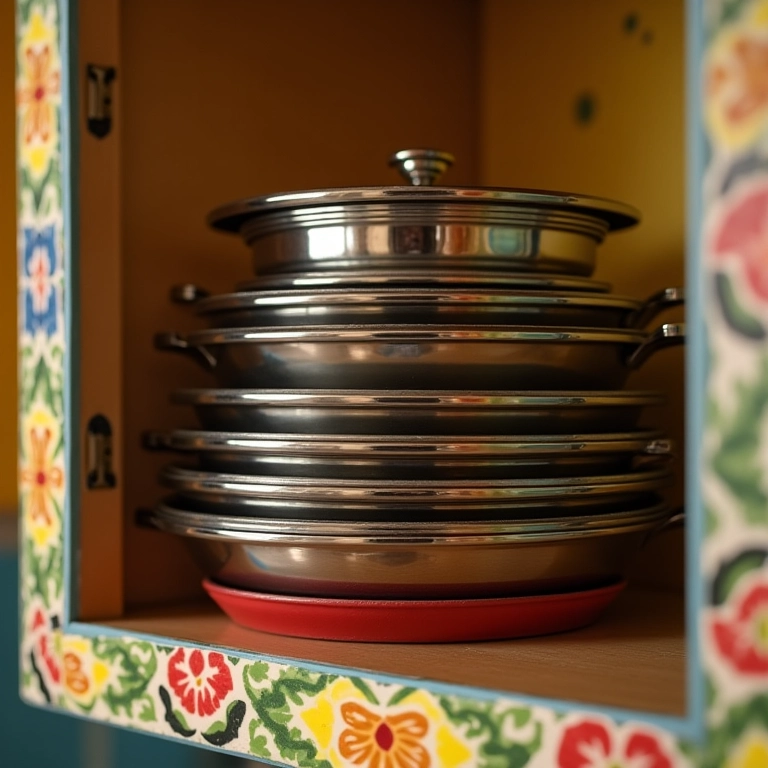Panelas empilháveis economizando espaço em cozinha brasileira.