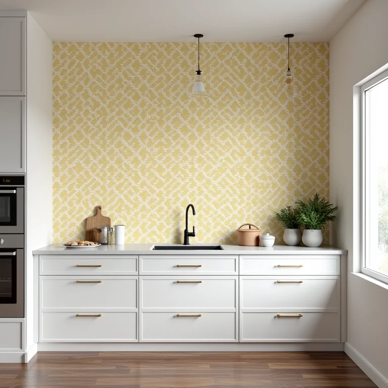 Papel de parede em destaque em uma parede da cozinha.
