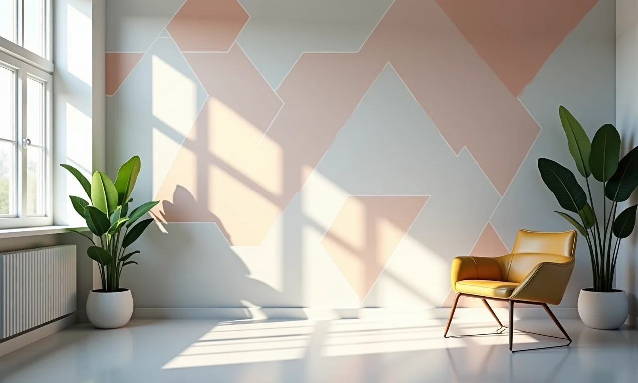 Papel de parede geométrico com hexágonos e formas angulares.