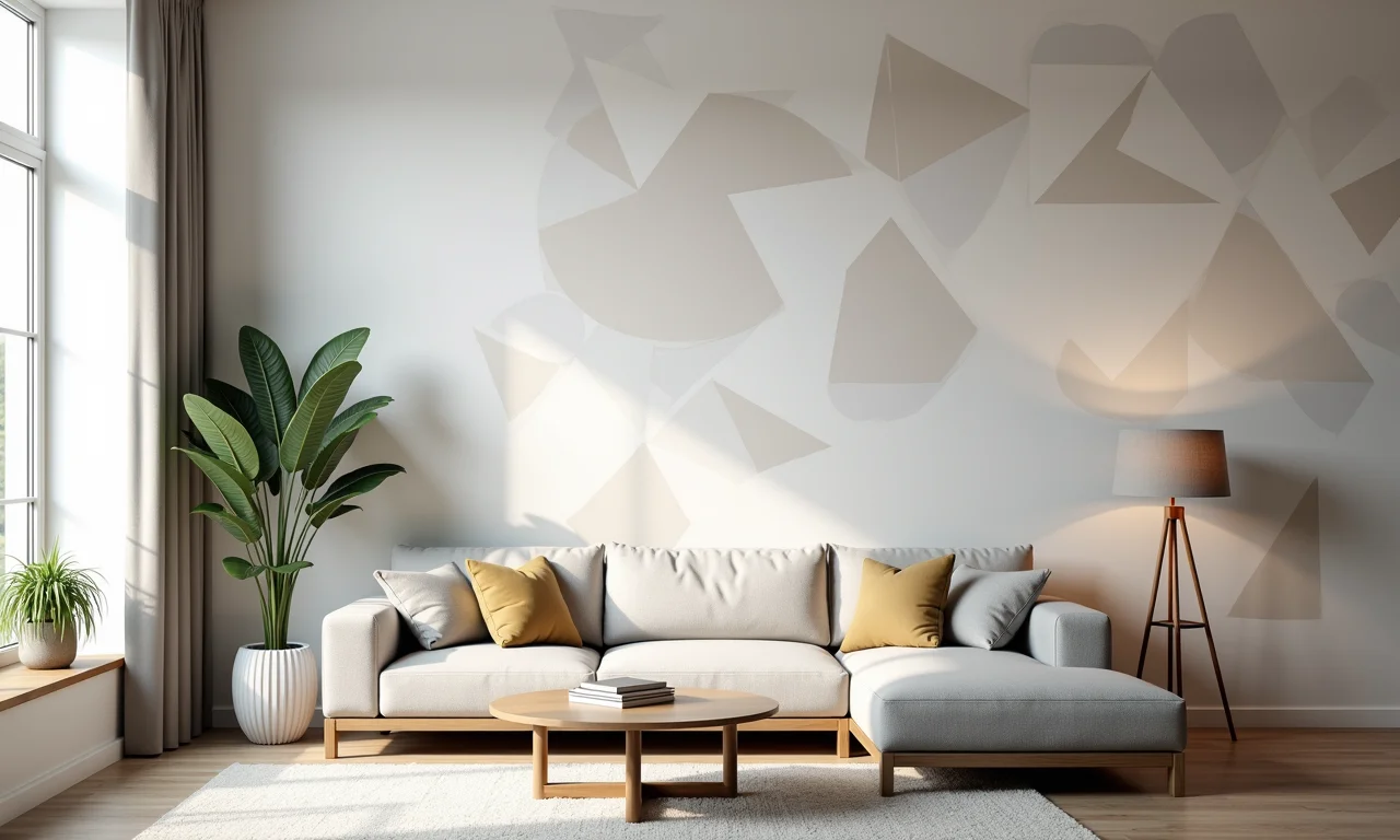 Papel de parede geométrico versátil em sala de estar moderna.