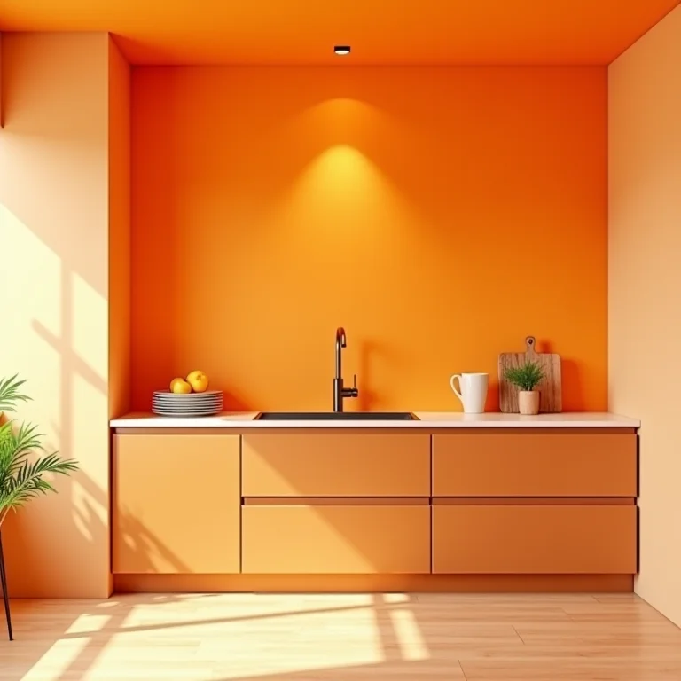 Papel de parede laranja em cozinha moderna.