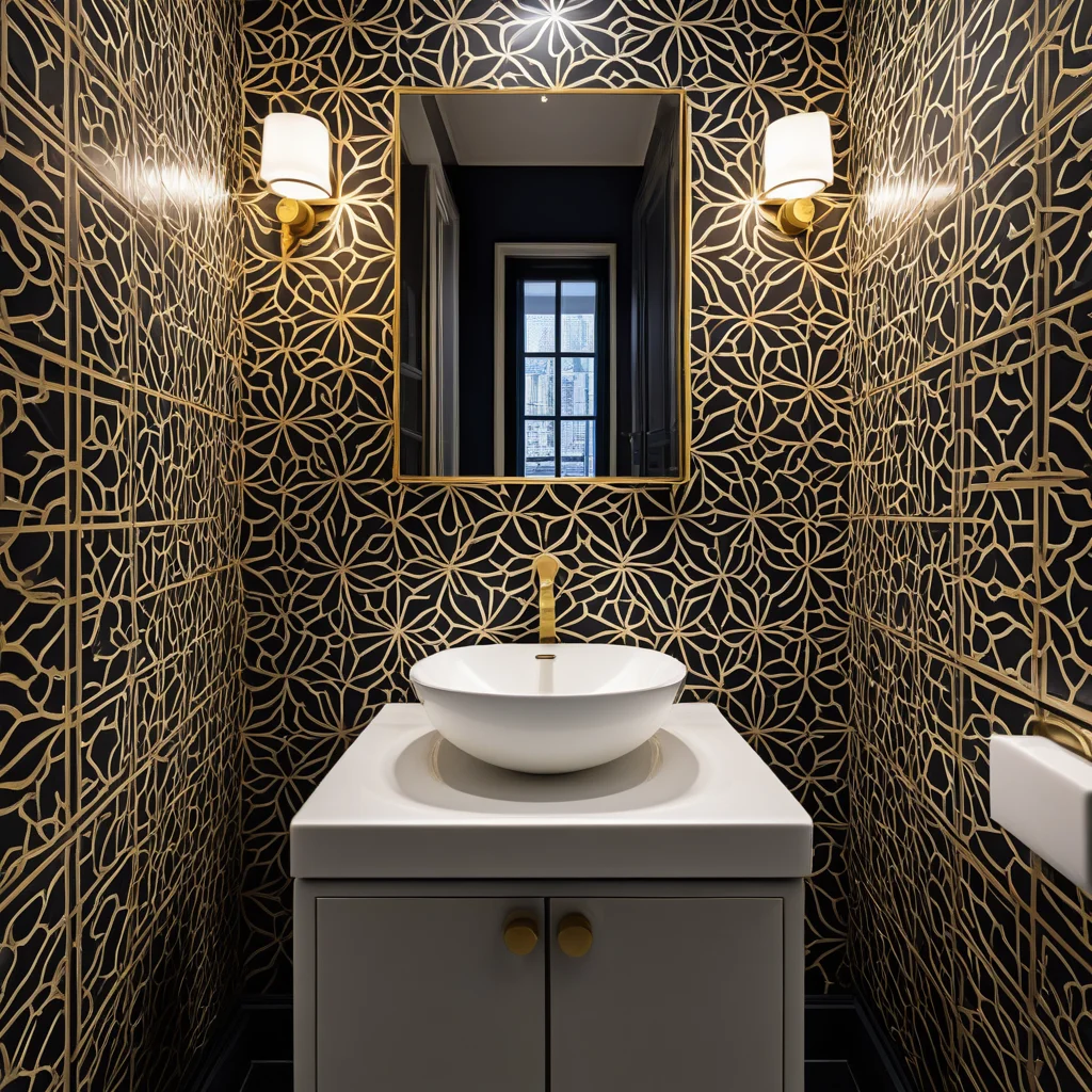 Papel de parede ousado com estampa marcante em um lavabo.