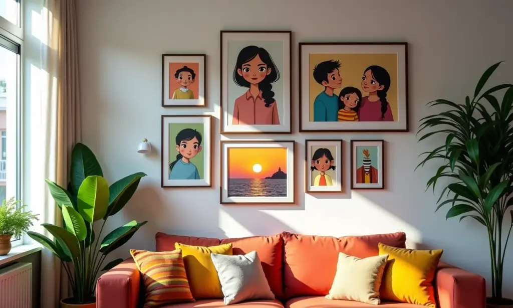 Parede de quadros: O guia fácil para montar a ‘gallery wall’ Parede de quadros colorida e moderna em apartamento brasileiro.