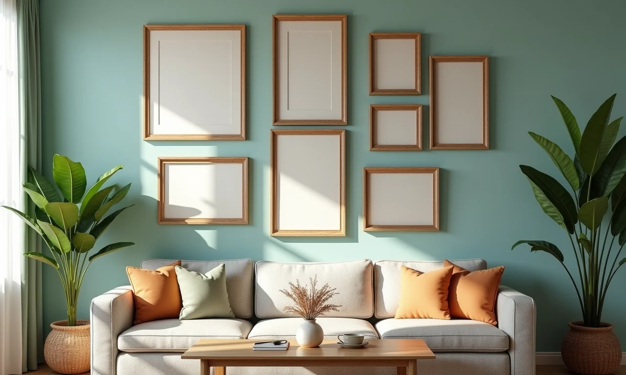 Parede de quadros com cores e molduras combinando.
