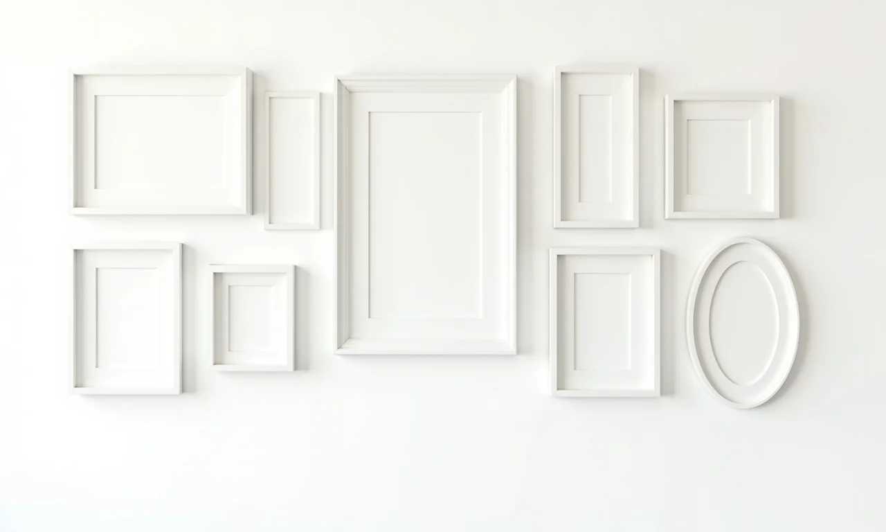 Parede de quadros com diferentes tamanhos e formatos de quadros.