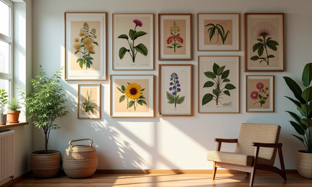 Parede de quadros com estilo eclético e diversas obras de arte.