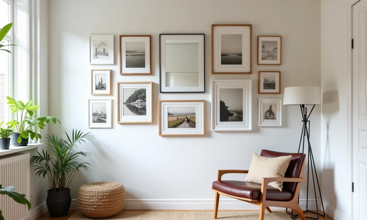 Parede de quadros em um espaço pequeno.