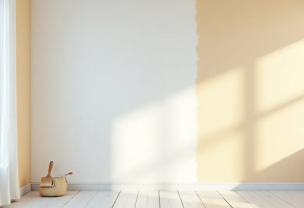 Parede de sala de estar recém-pintada mostrando a diferença entre o acabamento de um pincel e um rolo.