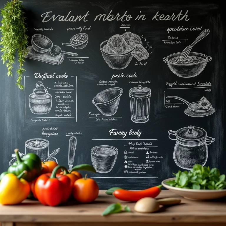 Parede lousa na cozinha com receitas e ilustrações de comida.